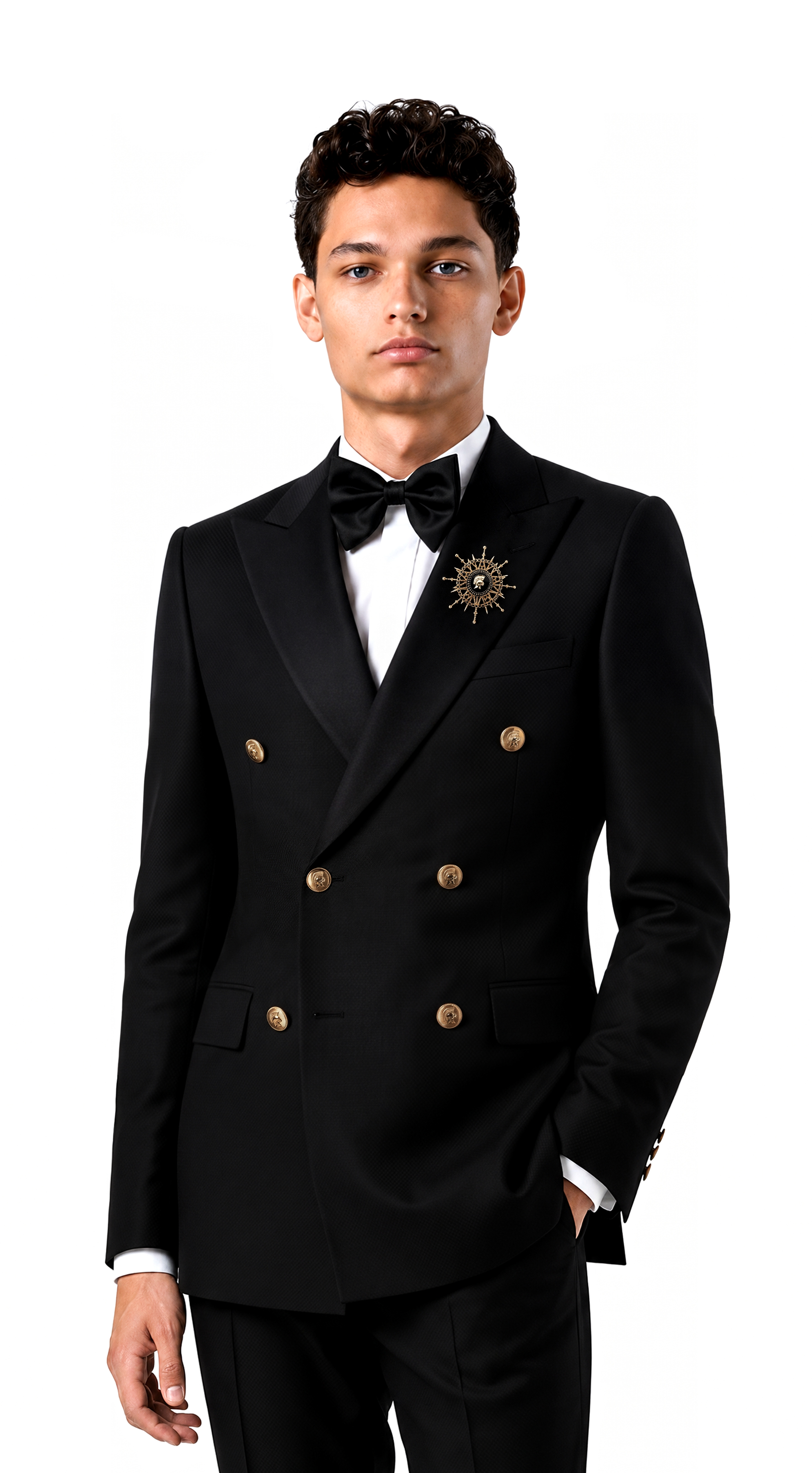 Costum de mire bespoke negru la două rânduri de nasturi, potrivit pentru reconfigurare după nuntă