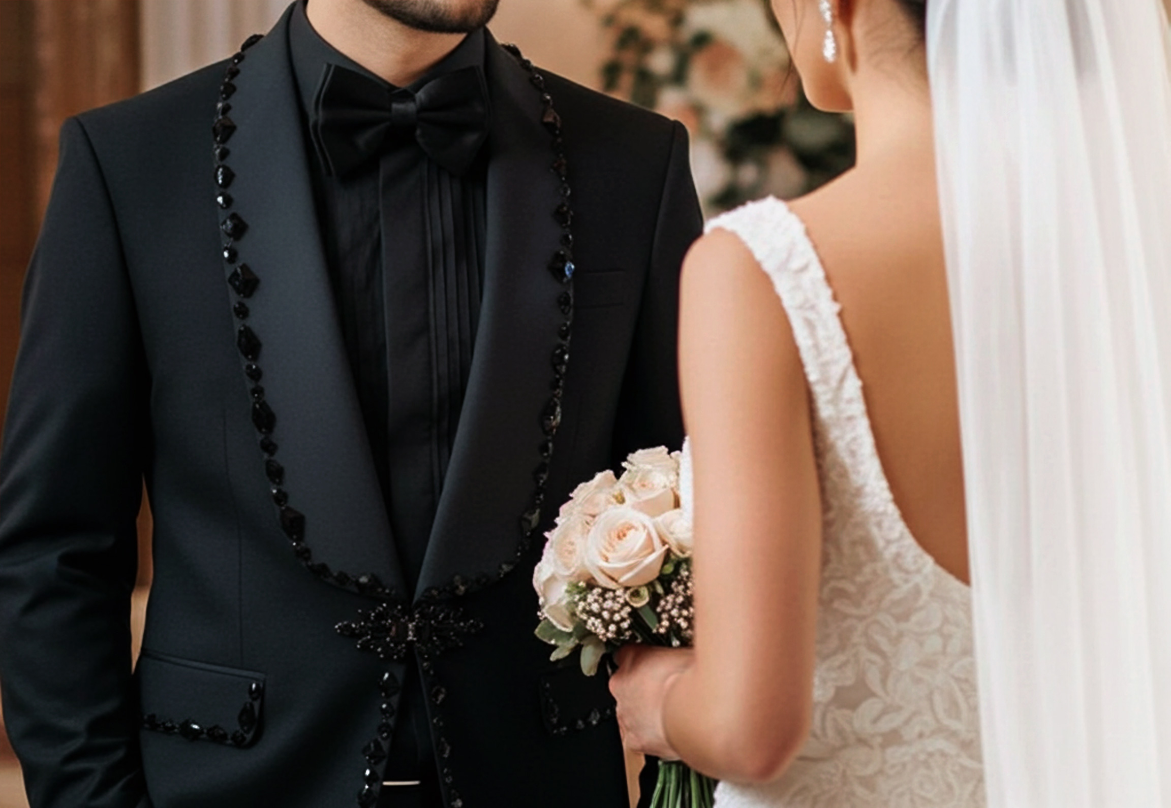 Costum de mire bespoke Filip Cezar personalizat cu cristale pentru ceremonie